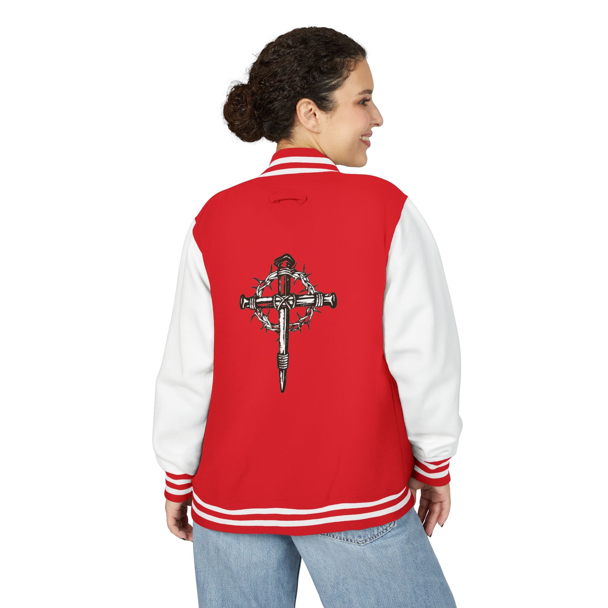 Gothic Cross Nail Emblem Letterman Jacket | Red White Varsity