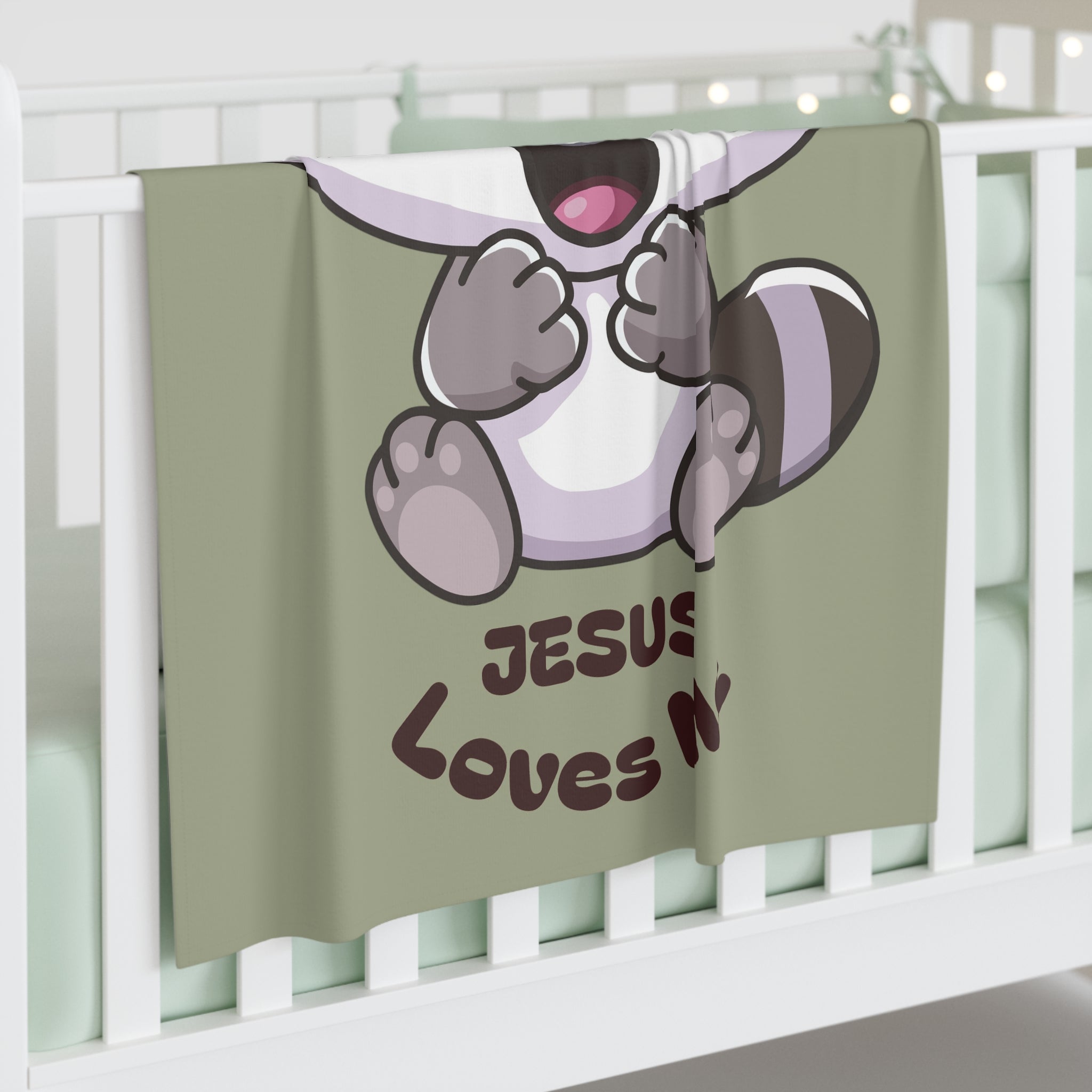Cute Raccoon Jesus Loves Me Baby Swaddle Blanket | Religious Nursery Olive