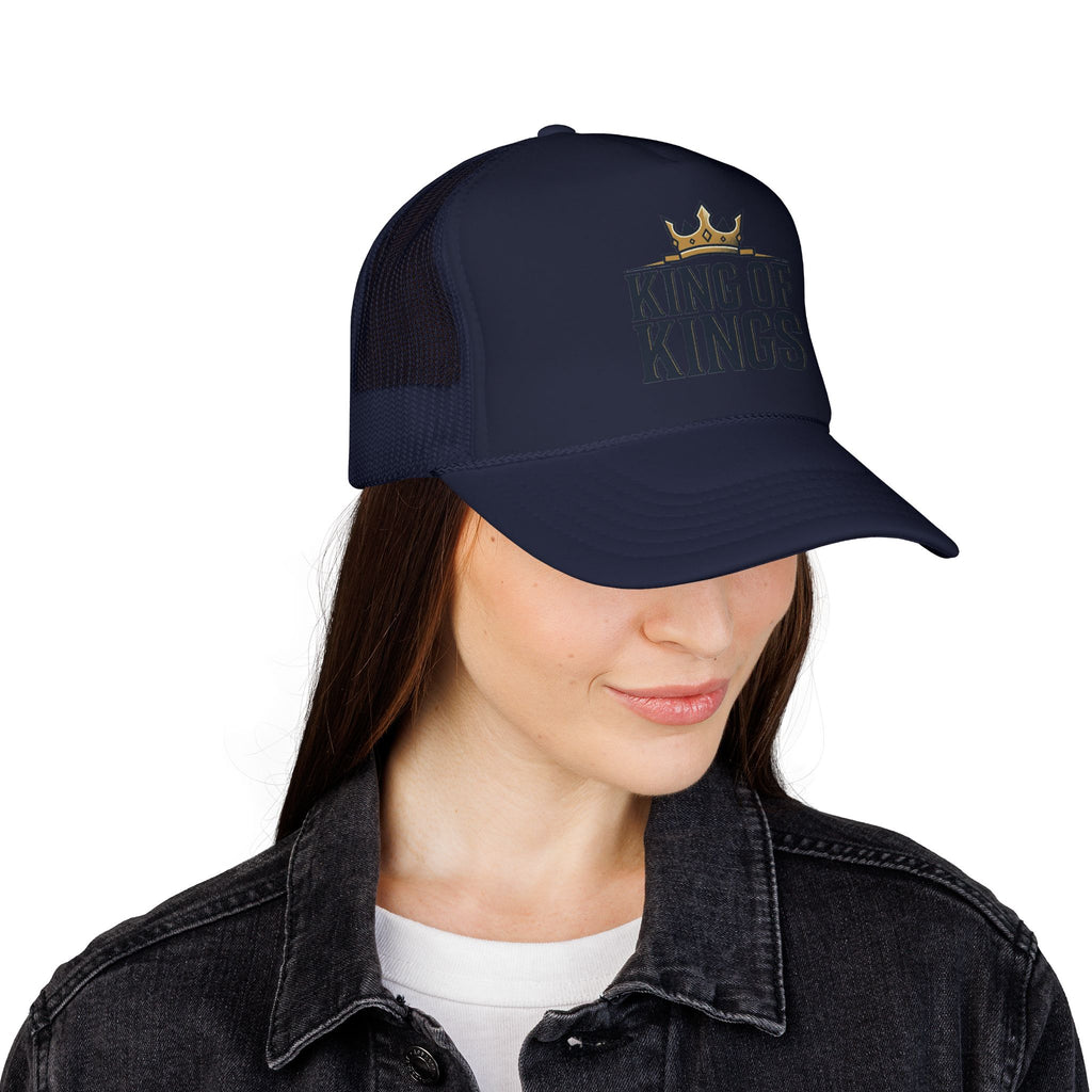 King of Kings Trucker Hat – Foam Mesh Baseball Cap with Gold Crown Design
