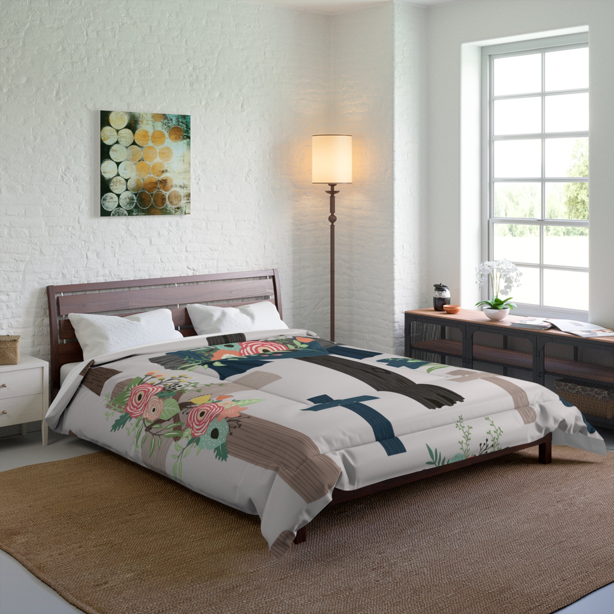 Floral Cross Comforter – Christian Bedroom Duvet with Pink Rose Wreaths