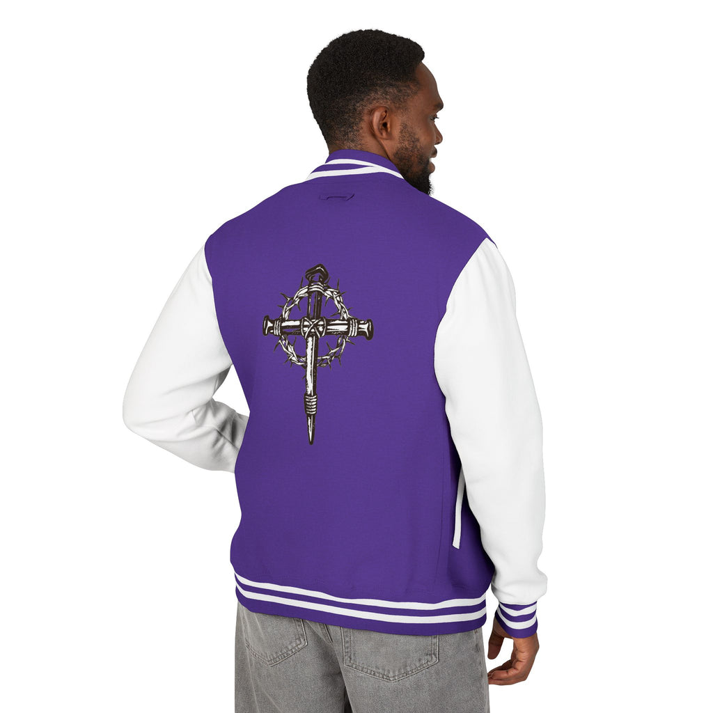 Gothic Cross Nail Emblem Letterman Jacket | Red White Varsity