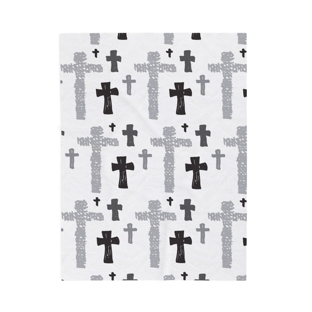 Hand-Drawn Cross Pattern Velveteen Blanket | Monochrome Religious Throw