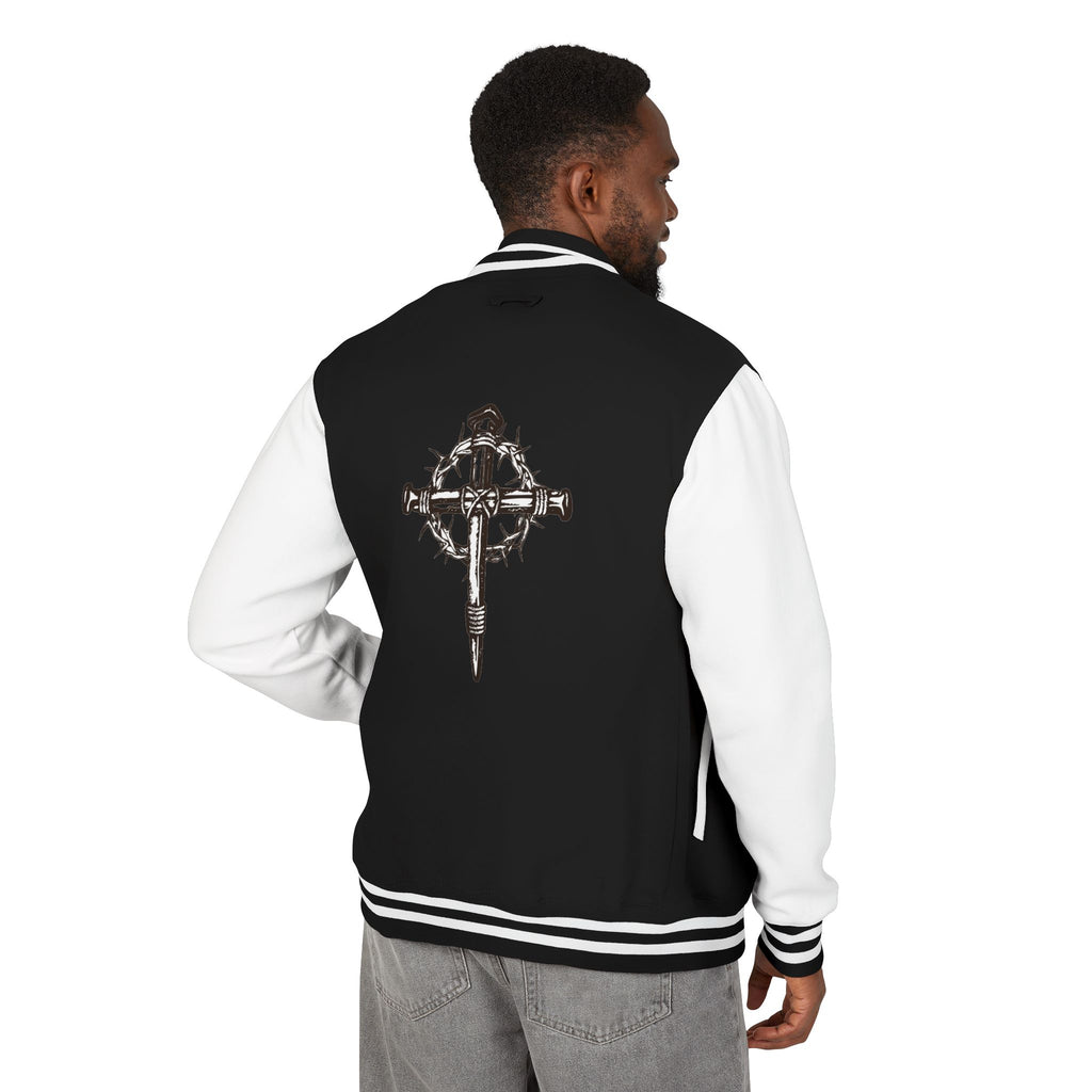 Gothic Cross Nail Emblem Letterman Jacket | Red White Varsity