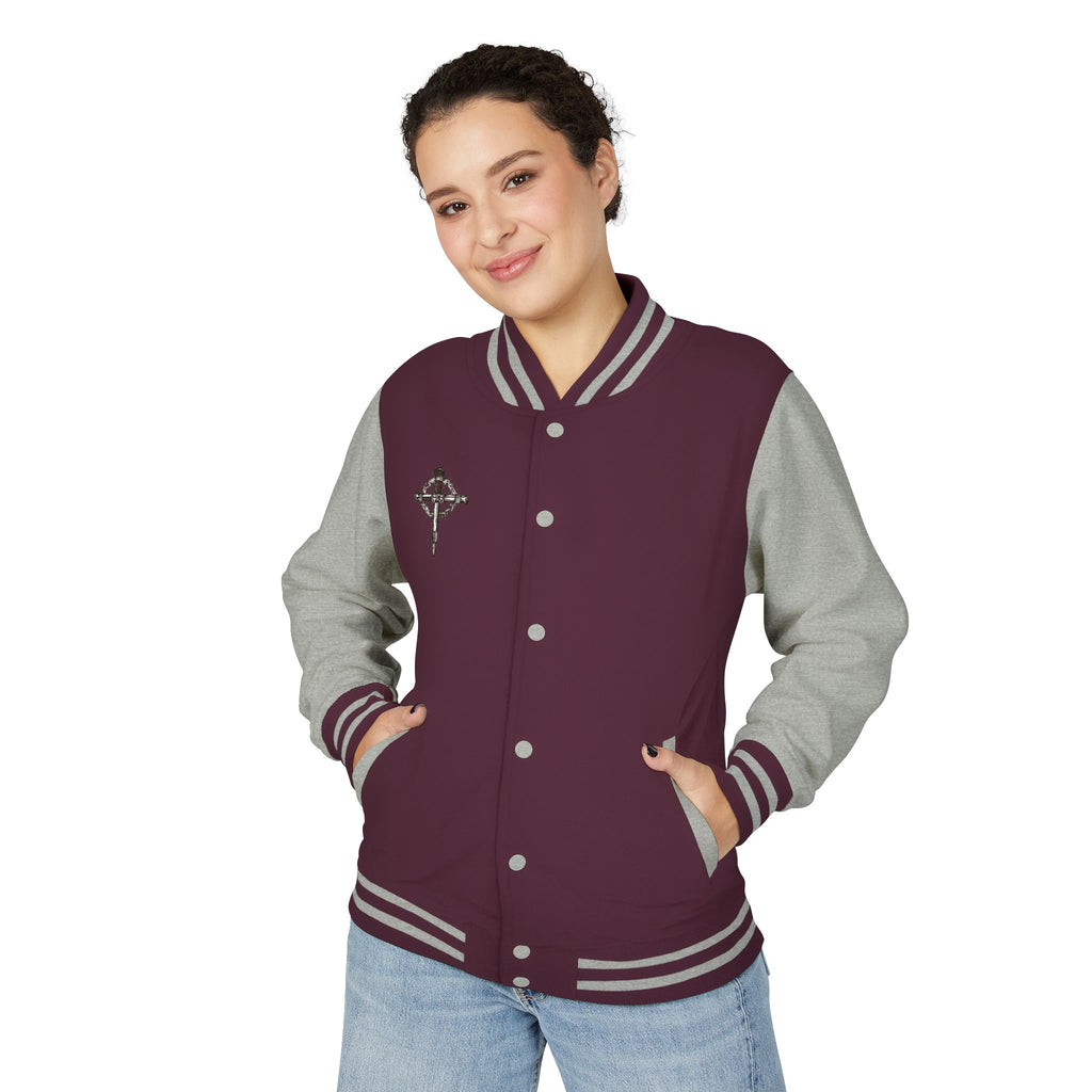Gothic Cross Nail Emblem Letterman Jacket | Red White Varsity