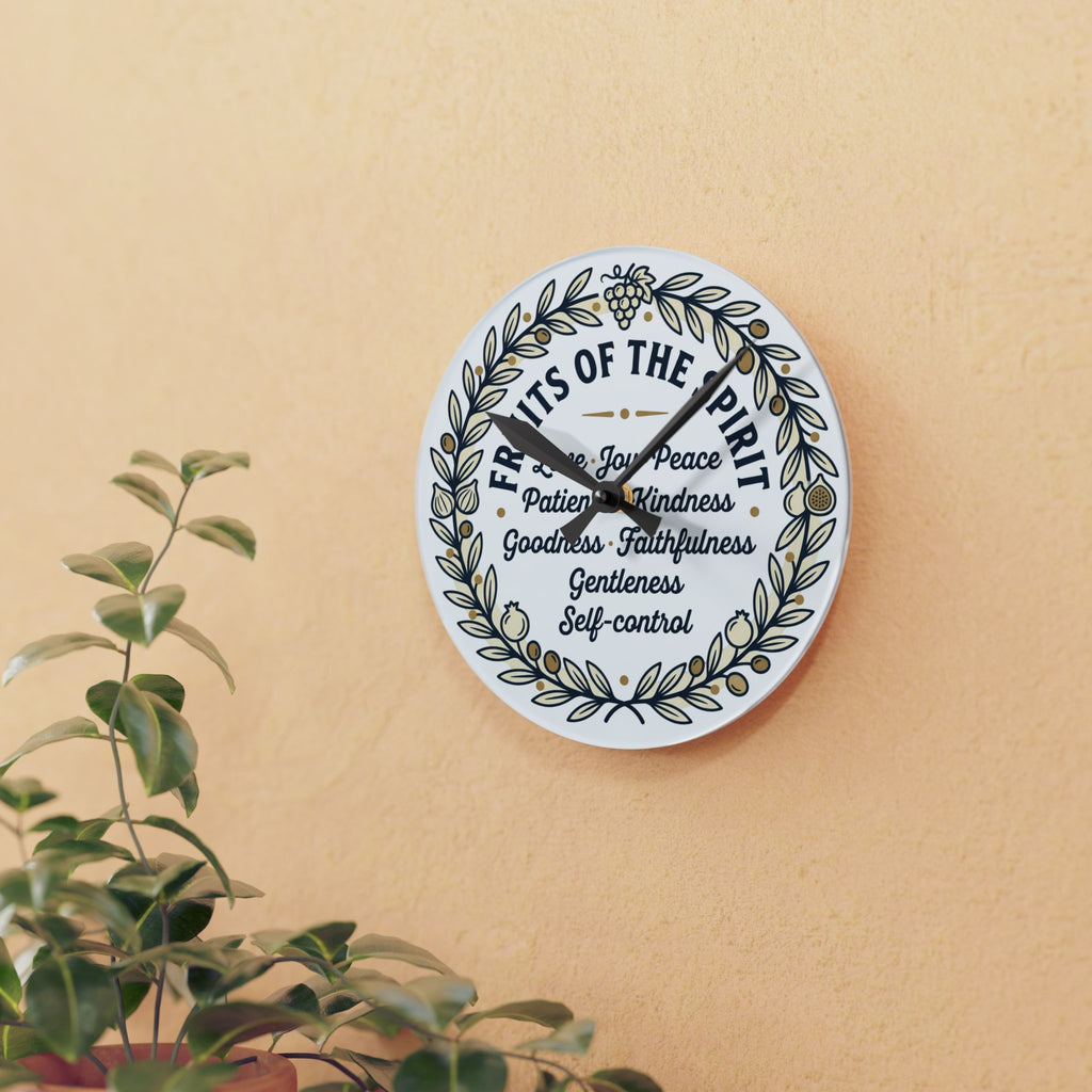 Fruits of the Spirit acrylic wall clock | Christian scripture typography, floral wreath
