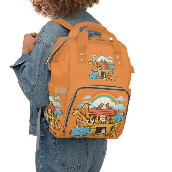 Noah's Ark Animals diaper backpack | orange rainbow kids backpack